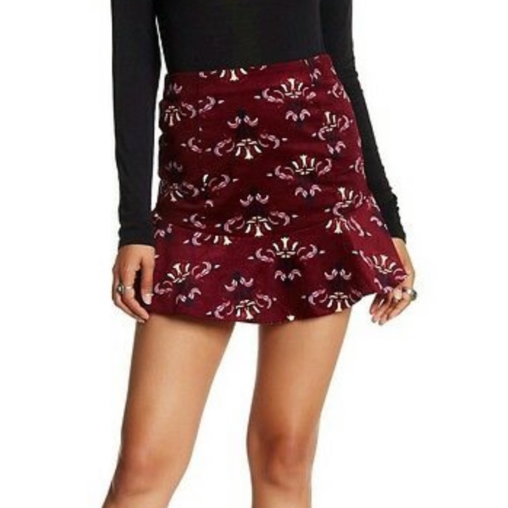 Free People Burgundy Floral Velvet Mini Skirt